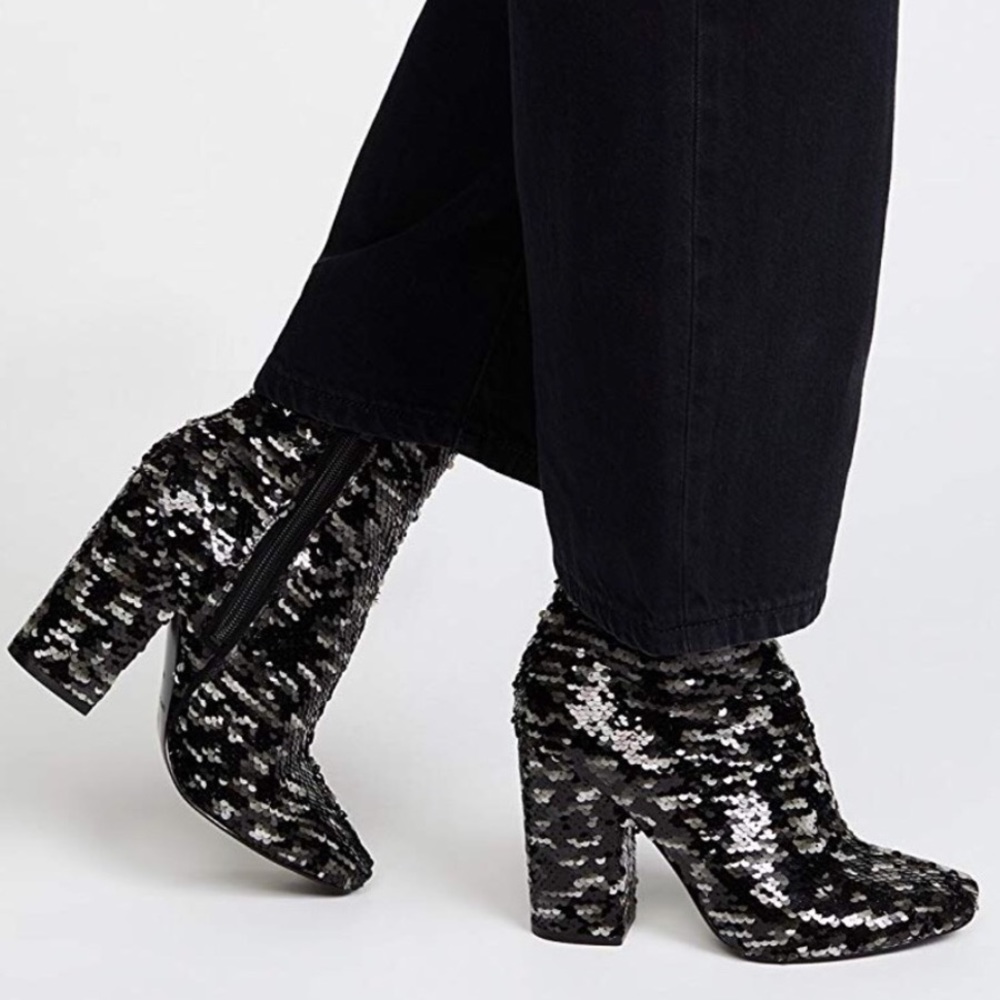 Kendall & Kylie Black and Silver Sequin Chunky Heel Ankle Boots
